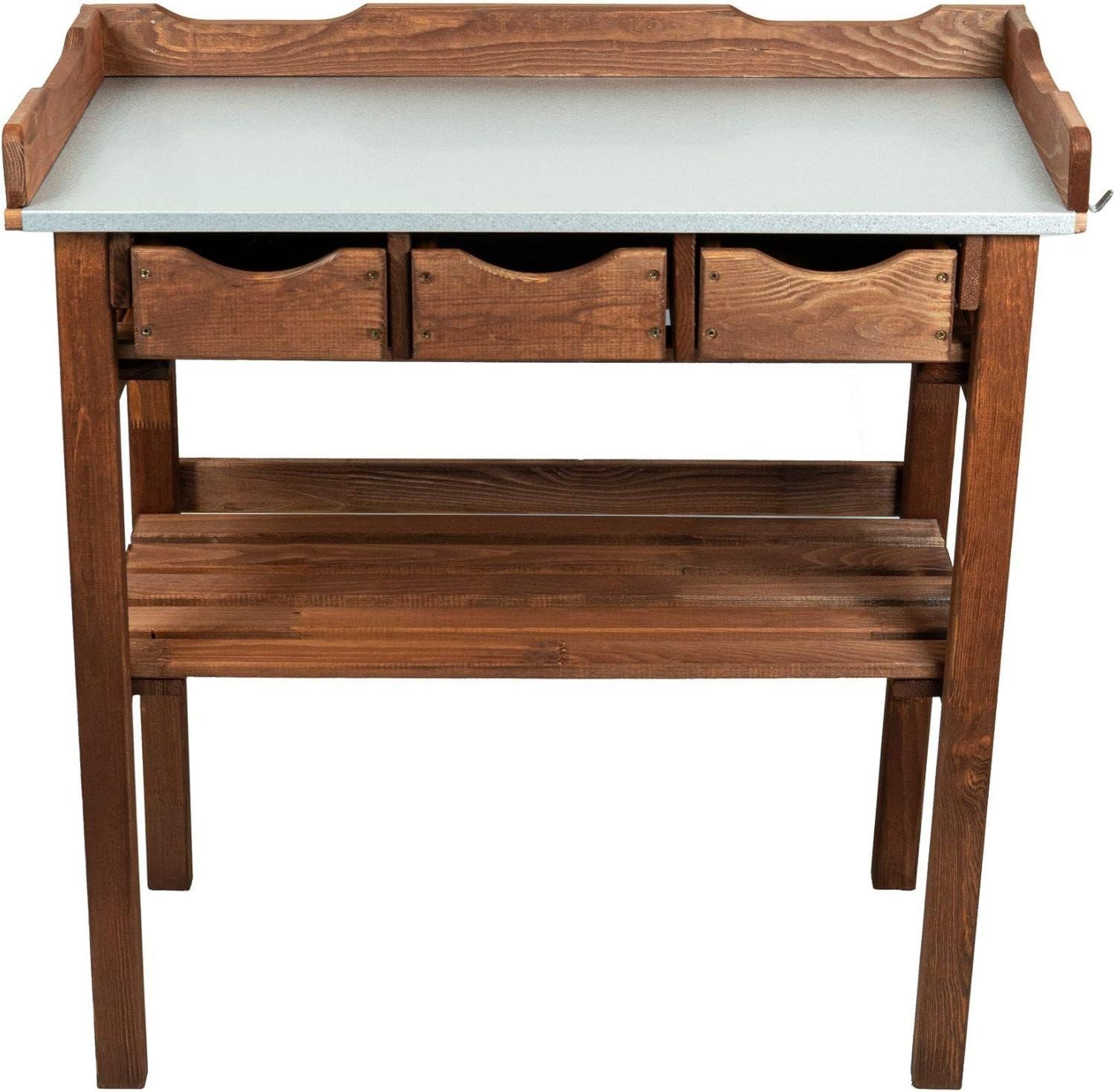 mgc24 Tavolo per piante con piano di lavoro zincato 78 x 38 x 82 cm in legno di pino marrone scuro con ripiano 3 cassetti 3 ganci per giardino balcone terrazza